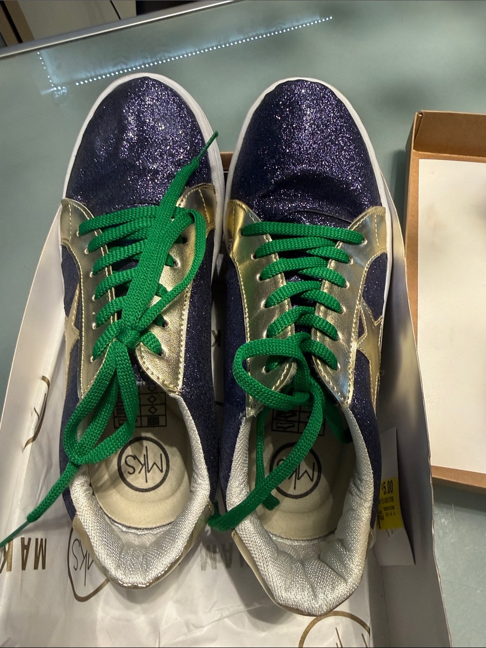 Metallic Gold & Purple Glitter Lace-Up Sneakers with Green Laces